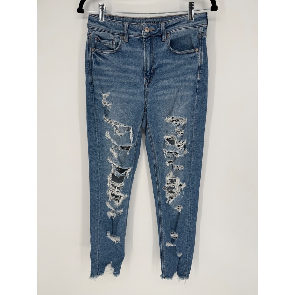 AMERICAN EAGLE MOM JEAN SUPER DISTRESSED SIZE 4 REGULAR MEDIUM WASH COTTON MODAL